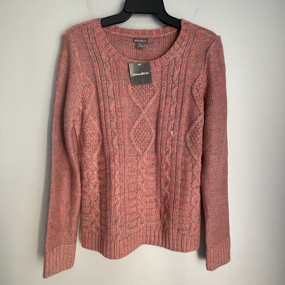 NEW Eddie Bauer Cable Knit Sweater Women Size M Coral Red/Gray Long Sleeve Fall